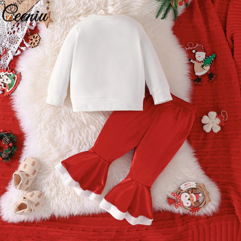 Ceeniu Baby Παιδικά χριστουγεννιάτικα ρούχα για κορίτσια Φούτερ πουλόβερ με γράμματα+Κόκκινο βελούδινο παντελόνι Παιδική Πρωτοχρονιάτικη στολή
