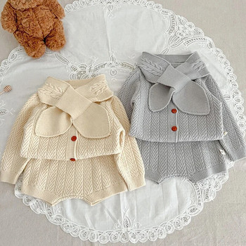 Есенен комплект дрехи за момиченца Моден памучен плетен пуловер за новородено Палто Горнище Къси шорти Шал 3PCS Костюм Облекло за малко момиченце 0-3Y