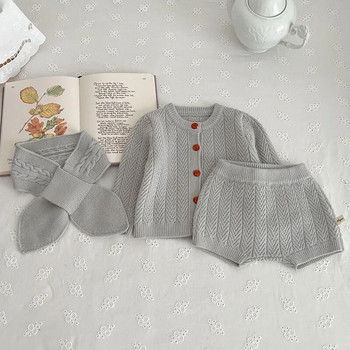 Есенен комплект дрехи за момиченца Моден памучен плетен пуловер за новородено Палто Горнище Къси шорти Шал 3PCS Костюм Облекло за малко момиченце 0-3Y