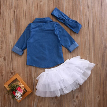Летни комплекти дрехи за момиченца Дрехи за бебешки момиченца Дънкова риза Горнище + полички + лента за глава 3 бр. Комплекти екипировки 0-5T