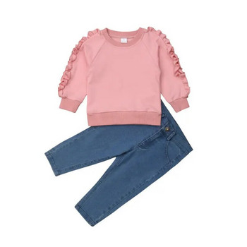 Модни детски дрехи за момиченца Розови горнища с волани Риза Дънкови панталони Есен Зима Топъл комплект от 2 бр.