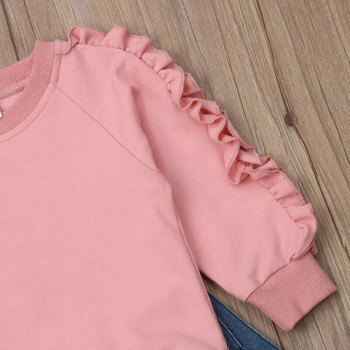 Модни детски дрехи за момиченца Розови горнища с волани Риза Дънкови панталони Есен Зима Топъл комплект от 2 бр.