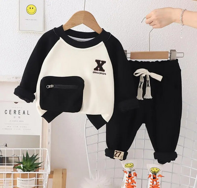 Dječja odjeća za malu djecu Jesen Zima Dječja odjeća Patchwork majica s džepovima od flisa i hlače Božićna dječja odijela