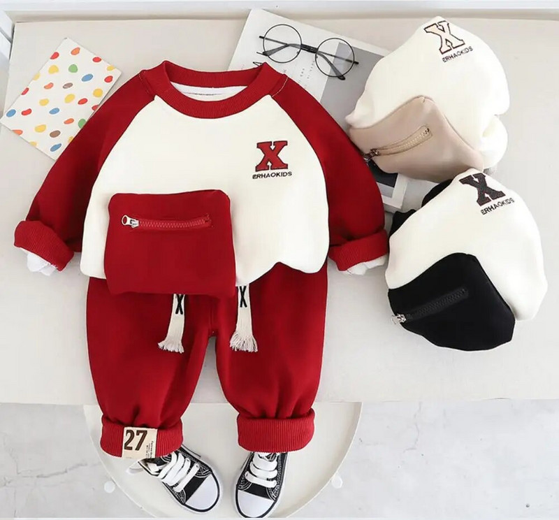 Dječja odjeća za malu djecu Jesen Zima Dječja odjeća Patchwork majica s džepovima od flisa i hlače Božićna dječja odijela