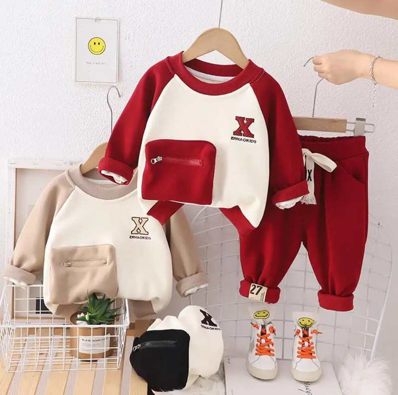 Dječja odjeća za malu djecu Jesen Zima Dječja odjeća Patchwork majica s džepovima od flisa i hlače Božićna dječja odijela