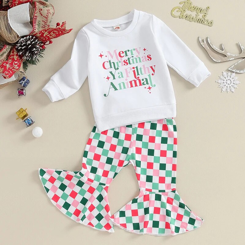 2023-09-19 Lioraitiin 6M-4Y meiteņu Ziemassvētku tērpi, džemperis ar garām piedurknēm + šaha galda bikses, mazuļu Ziemassvētku apģērbu komplekts