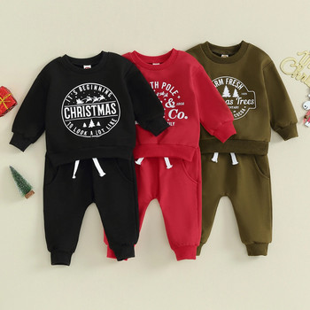FOCUSNORM 3 цвята Коледни комплекти дрехи за прохождащи момчета и момичета 2 бр. Суичъри с дълъг ръкав с щампа на букви Едноцветни панталони 0-3 години