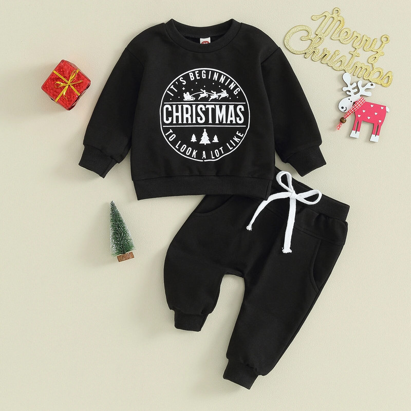 FOCUSNORM 3 värvi väikelapsed poisid tüdrukud jõuluriiete komplektid 2tk kirjatrükiga pikkade varrukatega dressipluusid soliidsed püksid 0-3 a