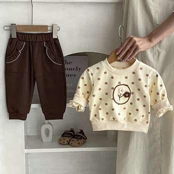 8411 Комплект бебешки дрехи 2024 Пролет Нов бебешки костюм за момиче Горнища с щампи на точки + Панталон с джобове с волани Сладък костюм за момиче