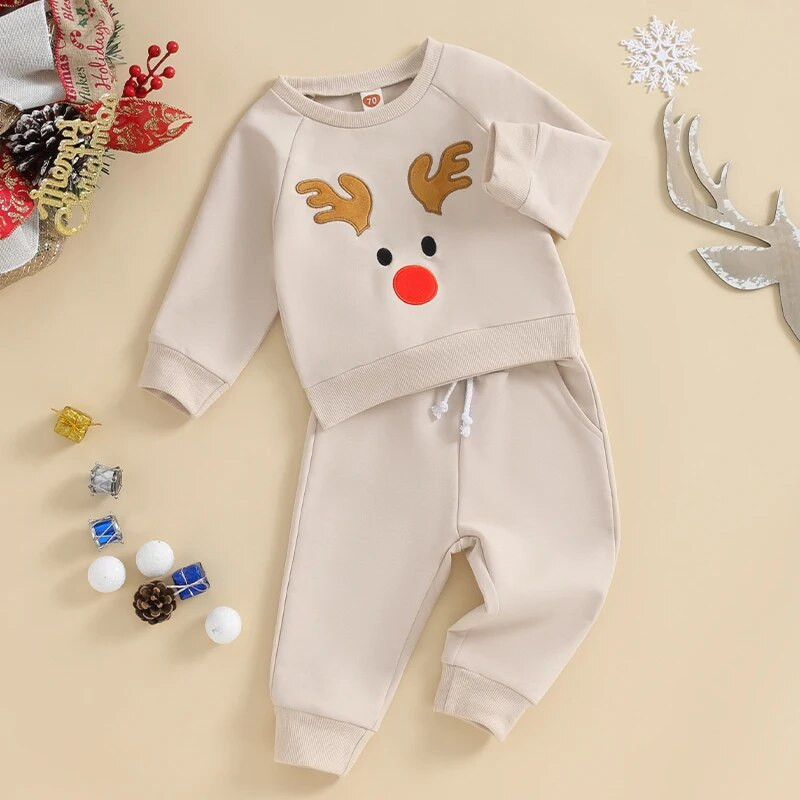 FOCUSNORM 0-3Y Djevojčice, dječaci, božićni kompleti odjeće, 2 komada, komplet hlača s dugim rukavima i jelenskim vezom