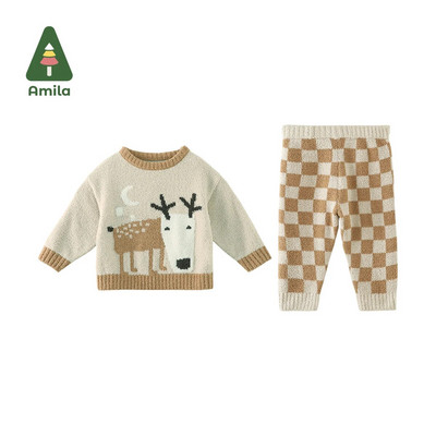 Amila Baby 2023. gada vasara, jauna, jauka multfilma, brīvi un ērti pieguļoši apaļa kakla ādai draudzīgi mājas divdaļīgi komplekti bērniem