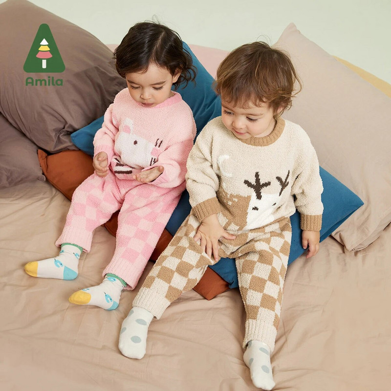 Amila Baby 2023. gada vasara, jauna, jauka multfilma, brīvi un ērti pieguļoši apaļa kakla ādai draudzīgi mājas divdaļīgi komplekti bērniem