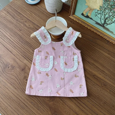 2023 Sügis beebitüdrukute 2 tk riidekomplekt puuvillased pikkade varrukatega võrktopsid tasku karu traksidega kleit ülikond väikelaste tüdrukute komplektid