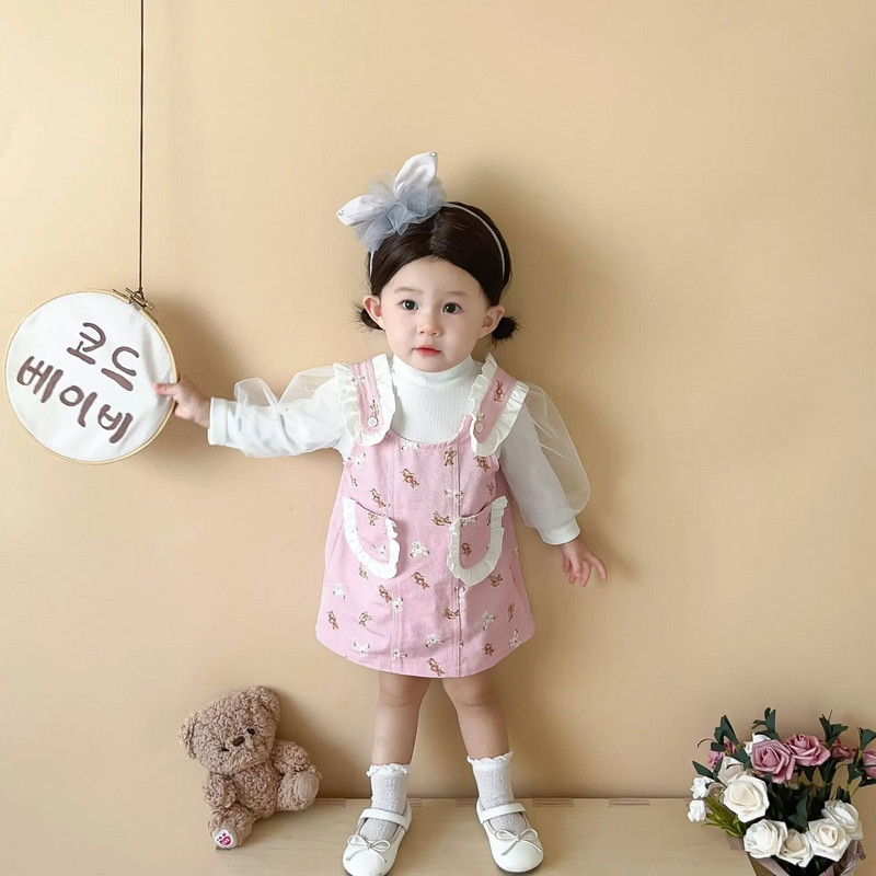 2023 Sügis beebitüdrukute 2 tk riidekomplekt puuvillased pikkade varrukatega võrktopsid tasku karu traksidega kleit ülikond väikelaste tüdrukute komplektid