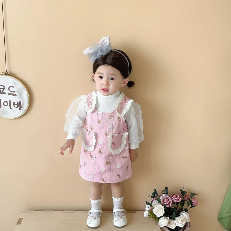 2023 Sügis beebitüdrukute 2 tk riidekomplekt puuvillased pikkade varrukatega võrktopsid tasku karu traksidega kleit ülikond väikelaste tüdrukute komplektid