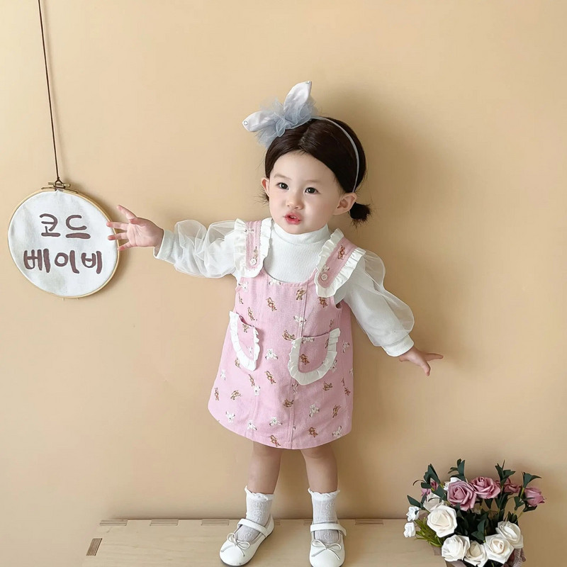 2023 Sügis beebitüdrukute 2 tk riidekomplekt puuvillased pikkade varrukatega võrktopsid tasku karu traksidega kleit ülikond väikelaste tüdrukute komplektid