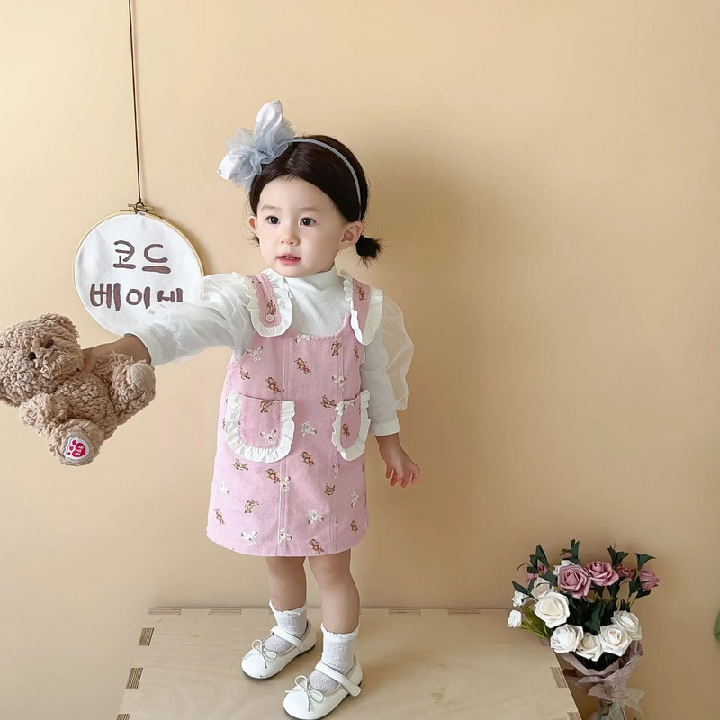 2023 Sügis beebitüdrukute 2 tk riidekomplekt puuvillased pikkade varrukatega võrktopsid tasku karu traksidega kleit ülikond väikelaste tüdrukute komplektid