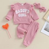 Modes Ziemas Bērnu Mazuļu Meiteņu Tērpi 3Gb Mīkstas vafeļu burtu izšuvumi ar garām piedurknēm Topi Bikses Galvas lentes Komplekts Mazu bērnu apģērbi