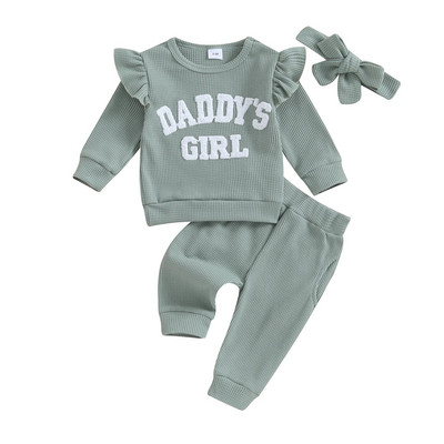 Modes Ziemas Bērnu Mazuļu Meiteņu Tērpi 3Gb Mīkstas vafeļu burtu izšuvumi ar garām piedurknēm Topi Bikses Galvas lentes Komplekts Mazu bērnu apģērbi