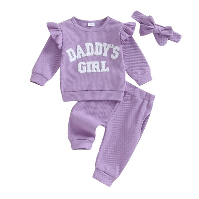 Modes Ziemas Bērnu Mazuļu Meiteņu Tērpi 3Gb Mīkstas vafeļu burtu izšuvumi ar garām piedurknēm Topi Bikses Galvas lentes Komplekts Mazu bērnu apģērbi