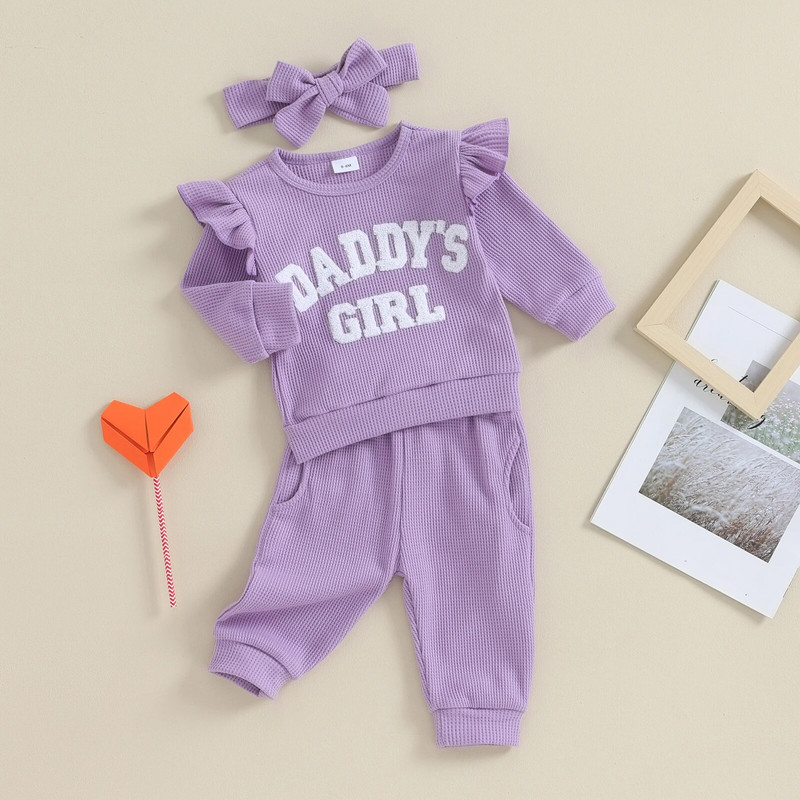 Modes Ziemas Bērnu Mazuļu Meiteņu Tērpi 3Gb Mīkstas vafeļu burtu izšuvumi ar garām piedurknēm Topi Bikses Galvas lentes Komplekts Mazu bērnu apģērbi