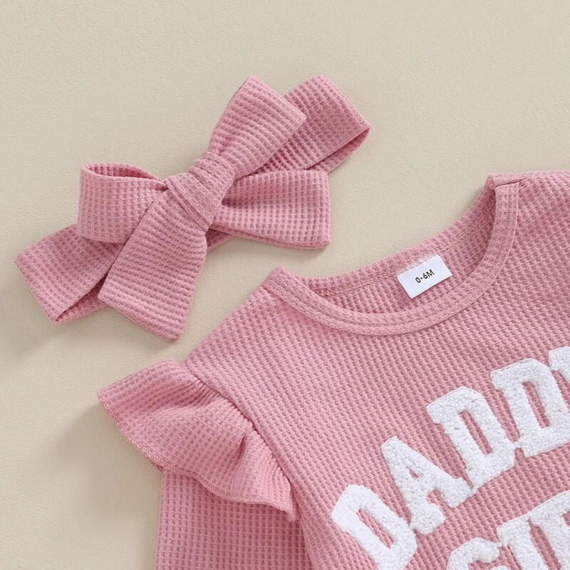 Modes Ziemas Bērnu Mazuļu Meiteņu Tērpi 3Gb Mīkstas vafeļu burtu izšuvumi ar garām piedurknēm Topi Bikses Galvas lentes Komplekts Mazu bērnu apģērbi