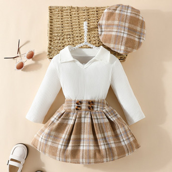 3 ΤΕΜ Βρεφικά σετ για κοριτσάκι Πέτο, μονόχρωμο μπλουζάκι με ρίγες, μονόχρωμο μπλουζάκι, καρό, μισό σώμα, καπέλο, φθινοπωρινά ρούχα για μωρά