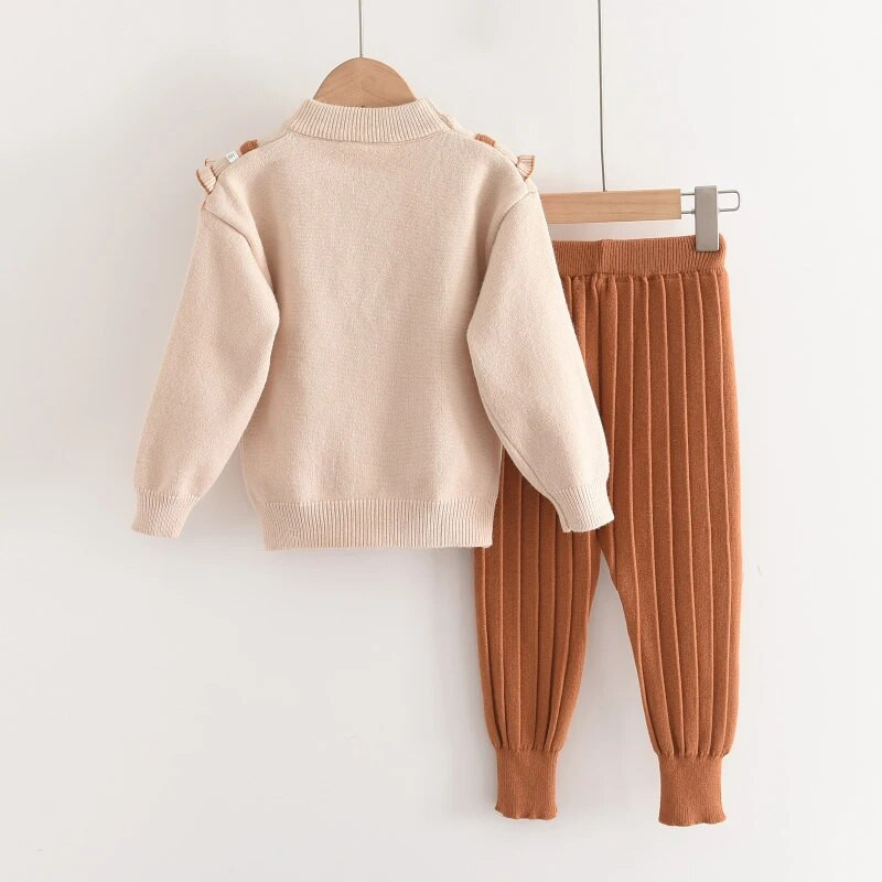 Menoea 2023 Nauja žiemos mada kūdikių mergaičių lankelis megzti stori rūbų rinkiniai vaikams šilti ilgomis rankovėmis megztiniai kelnės 2 vnt. kostiumai ir komplektai