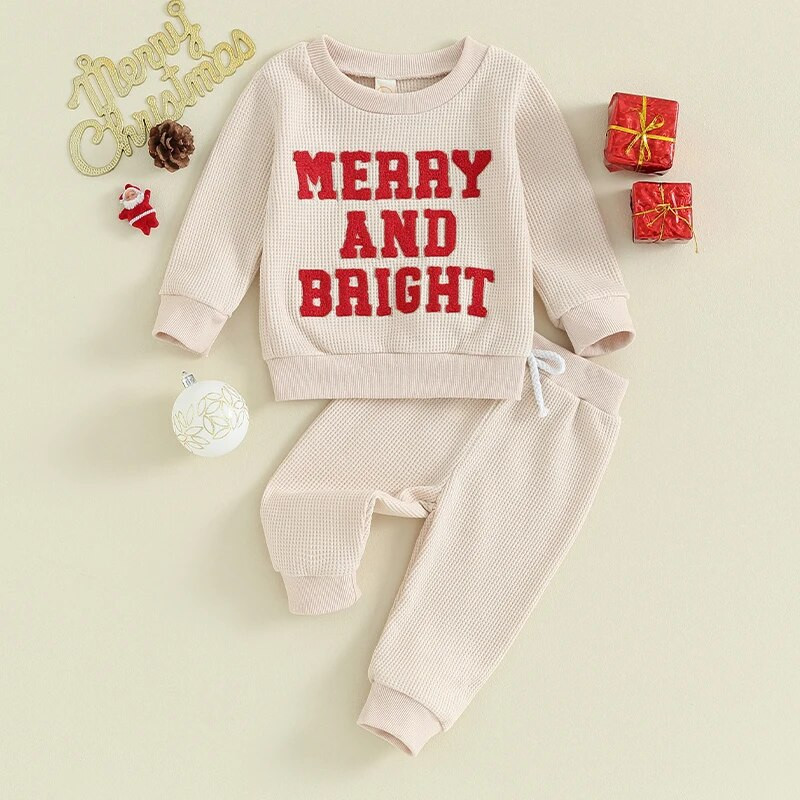 Ziemassvētku mazuļu drēbju komplekts rudens ziemas bērniem bērnu tērpi izplūdušo burtu džemperis savelkamās bikšu komplekts jaundzimušo vafeļu kostīmi