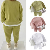 Zēniem zēniem meitenēm ar garām piedurknēm treniņtērpi jaundzimušo tērpi adīšana korejiešu toddler puloveri kokvilnas topi + bikses bērnu apģērbu komplekts