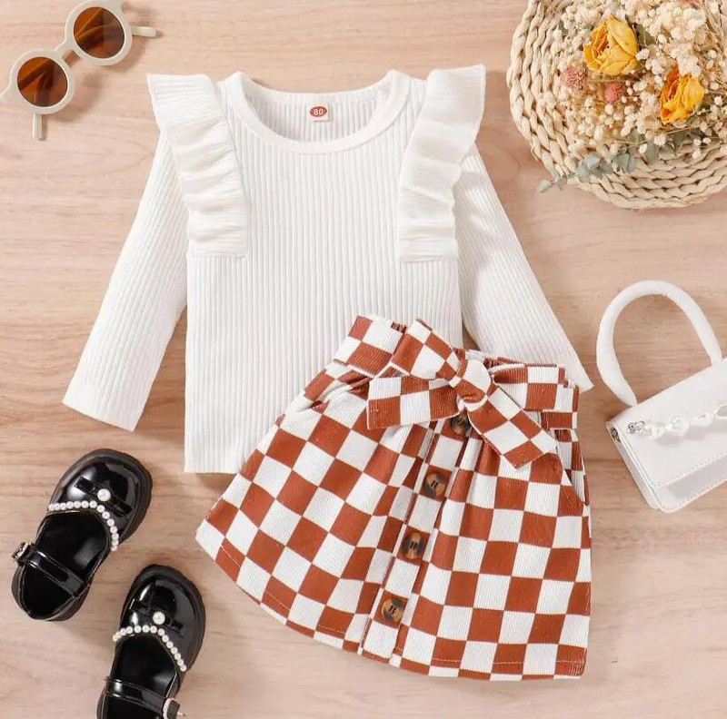 Odjeća za male djevojčice Jesen Zima Jednobojni puloveri s volanima Košulje i suknje Školska odijela Dječja odjeća