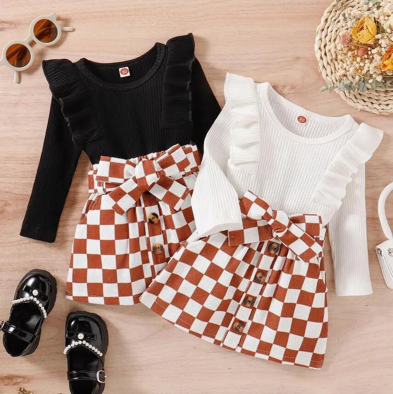 Odjeća za male djevojčice Jesen Zima Jednobojni puloveri s volanima Košulje i suknje Školska odijela Dječja odjeća