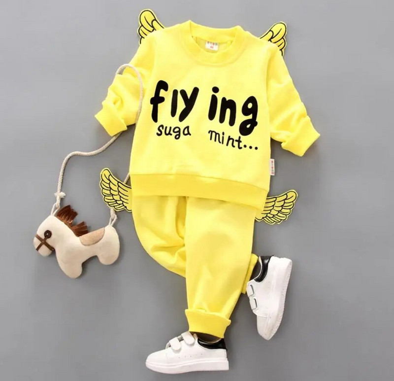 Korejiešu stila zīdaiņu meiteņu apģērbu komplekti 2023. gada modes zēnu meiteņu kapuces ar spārnotiem burtiem un bikses sporta tērpi bērniem zīdaiņu tērpiem