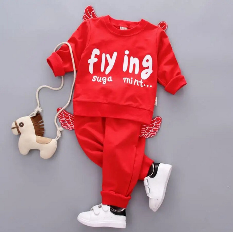 Korejiešu stila zīdaiņu meiteņu apģērbu komplekti 2023. gada modes zēnu meiteņu kapuces ar spārnotiem burtiem un bikses sporta tērpi bērniem zīdaiņu tērpiem
