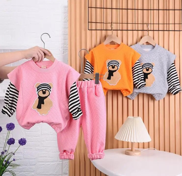 Odjeća za djevojčice od 0 do 4 godine Proljeće Jesen Dječja dvodijelna odjeća s dugim rukavima Medvjed iz crtića Hoodies i hlače Dječja sportska odjeća