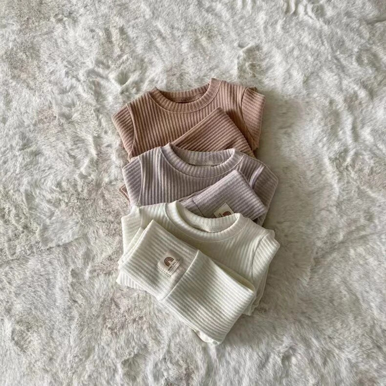 Kompleti odjeće za bebe Jesen Zima Dječaci Djevojčice Jednobojne rebraste ležerne majice + hlače visokog struka 2 kom. Pamučni kompleti kućne odjeće za djecu