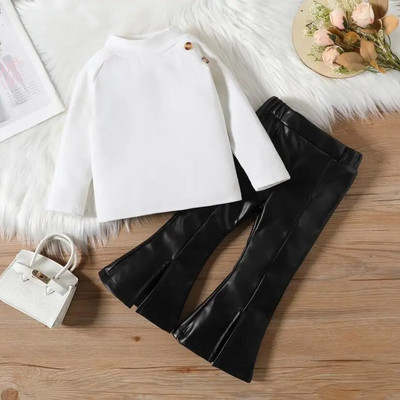 Rudens žiemos mergaičių drabužiai kalėdiniai drabužiai vaikams ilgomis rankovėmis vienspalviai marškinėliai su mygtukais ir pu odinių kelnių rinkiniai