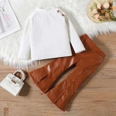 Rudens žiemos mergaičių drabužiai kalėdiniai drabužiai vaikams ilgomis rankovėmis vienspalviai marškinėliai su mygtukais ir pu odinių kelnių rinkiniai