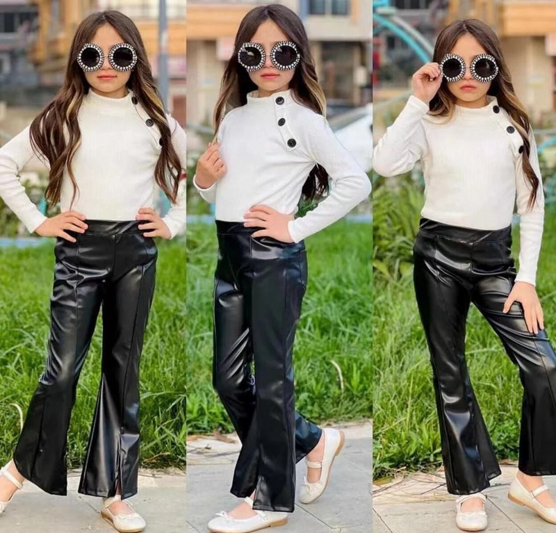 Rudens žiemos mergaičių drabužiai kalėdiniai drabužiai vaikams ilgomis rankovėmis vienspalviai marškinėliai su mygtukais ir pu odinių kelnių rinkiniai