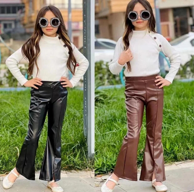 Rudens žiemos mergaičių drabužiai kalėdiniai drabužiai vaikams ilgomis rankovėmis vienspalviai marškinėliai su mygtukais ir pu odinių kelnių rinkiniai