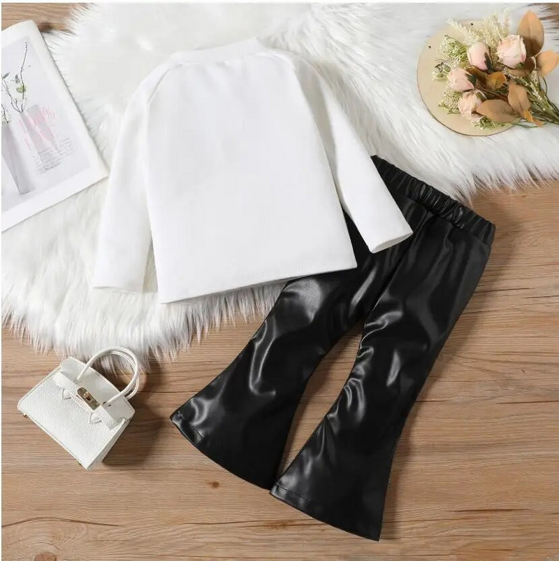 Rudens žiemos mergaičių drabužiai kalėdiniai drabužiai vaikams ilgomis rankovėmis vienspalviai marškinėliai su mygtukais ir pu odinių kelnių rinkiniai