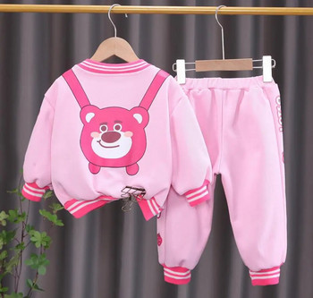 Φθινοπωρινό σετ ρούχων κινουμένων σχεδίων για κορίτσια Μόδα μωρό Strawberry Bear Ζακέτα μπέιζμπολ και παντελόνι 2τμχ Βρεφικά ρούχα Vestidos