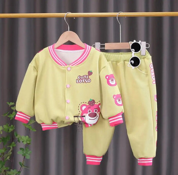 Есенни комплекти анимационни дрехи за момичета Модна бебешка жилетка с ягодово мече Бейзболни якета и панталони 2 бр. Бебешки тоалети Vestidos