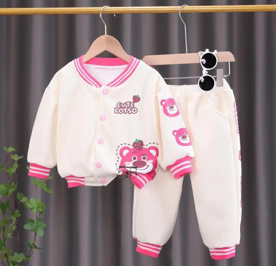 Rudens meiteņu multfilmu apģērbu komplekts modes mazuļu zemeņu lācis jakas beisbola jakas un bikses 2 gab. zīdaiņu tērpi Vestidos