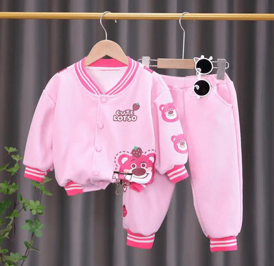 Rudens meiteņu multfilmu apģērbu komplekts modes mazuļu zemeņu lācis jakas beisbola jakas un bikses 2 gab. zīdaiņu tērpi Vestidos