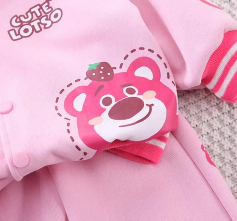 Rudens meiteņu multfilmu apģērbu komplekts modes mazuļu zemeņu lācis jakas beisbola jakas un bikses 2 gab. zīdaiņu tērpi Vestidos