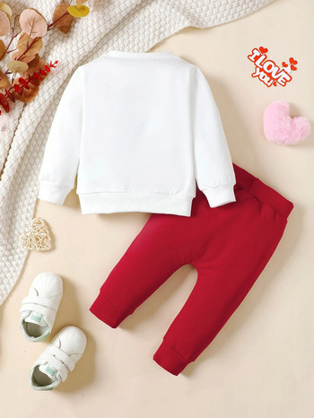 2PCS Бебешки пролетен и есенен развлекателен корейски моден пуловер с дълги ръкави Спортен костюм Свети Валентин Романтична серия