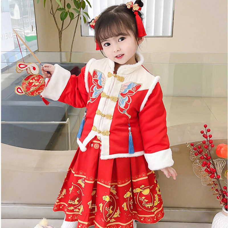Mergaičių Hanfu Naujųjų Metų rūbai Vaikiški Šilti Cheongsam Chinese Tang Kostiumas Vaikiškas Winter Plus Velvet Miela Siuvinėta Vakarėlio suknelė