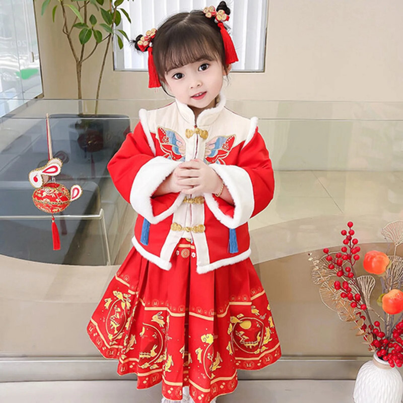 Mergaičių Hanfu Naujųjų Metų rūbai Vaikiški Šilti Cheongsam Chinese Tang Kostiumas Vaikiškas Winter Plus Velvet Miela Siuvinėta Vakarėlio suknelė