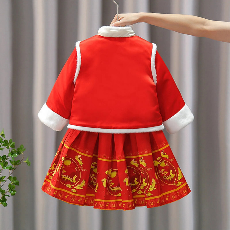Mergaičių Hanfu Naujųjų Metų rūbai Vaikiški Šilti Cheongsam Chinese Tang Kostiumas Vaikiškas Winter Plus Velvet Miela Siuvinėta Vakarėlio suknelė
